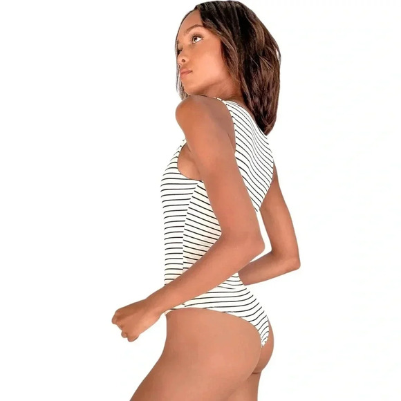 LULUS | White Striped Ribbed Square Neck Bodysuit Size L - Picture 2 of 9